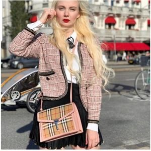 ZARA Chain Trim Tweed Jacket Pink Bouclé Black Trim Woven Blazer 7802/651, Small